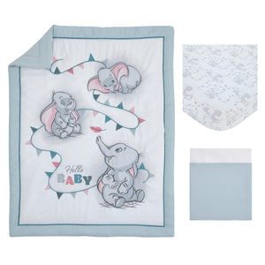 Disney Dumbo Hello Baby Grey and White Circus Banner 3 Piece Nursery Crib Bedding Set - Comforter, Fitted Crib Sheet, and Crib Skirt