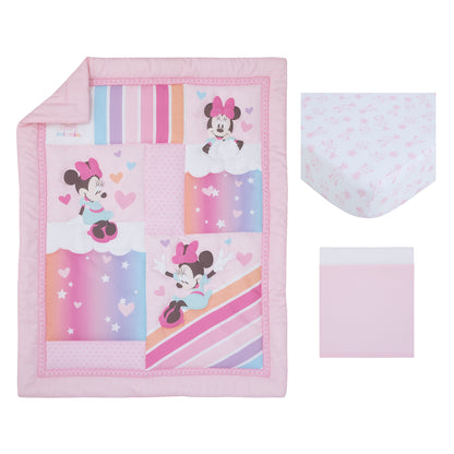 Disney Minnie Mouse Be Happy Pink, Lavender, Aqua and Orange 3 Piece Crib Bedding Set - Comforter, Fitted Crib Sheet and Bed Skirt