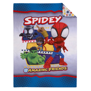 Marvel Spidey and His Amazing Friends Blue, Red, Yellow, and Green, Team Up 4 Piece Toddler Bed Set - Comforter, Fitted Bottom Sheet, Flat Top Sheet, and Reversible Pillowcase