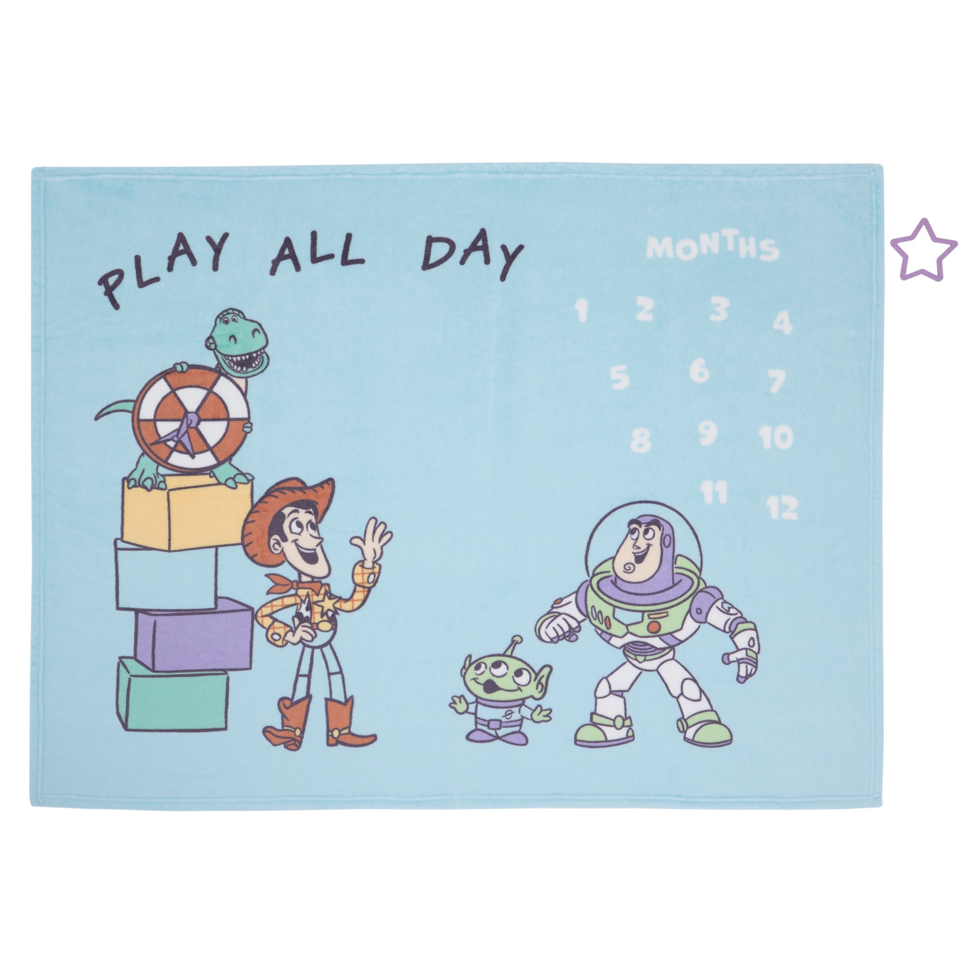 NoJo Disney Toy Story Play All Day Milestone Baby Blanket - Woody, Buzz, Rex and Alien, Blue and White