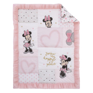 Disney Minnie Mouse My Happy Place Pink, Black, Gray, and White 3 Piece Nursery Crib Bedding Set - Comforter, 100% Cotton Fitted Crib Sheet, and Crib Skirt