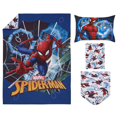 Marvel Spiderman to the Rescue Red, White, and Blue 4 Piece Toddler Bed Set - Comforter, Fitted Bottom Sheet, Flat Top Sheet, and Reversible Pillowcase