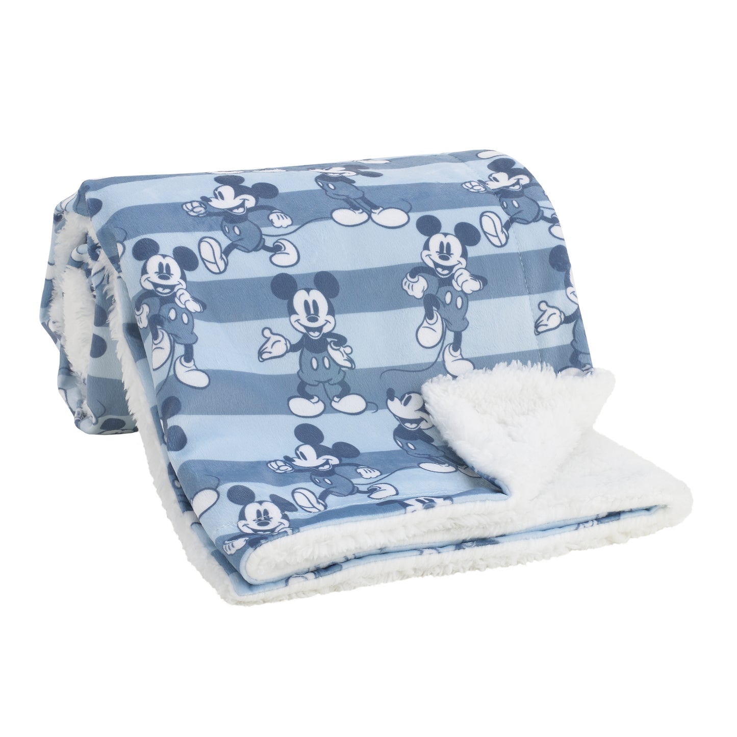 Disney Mickey Mouse Blue and White Striped Super Soft Velboa with Sherpa Back Baby Blanket