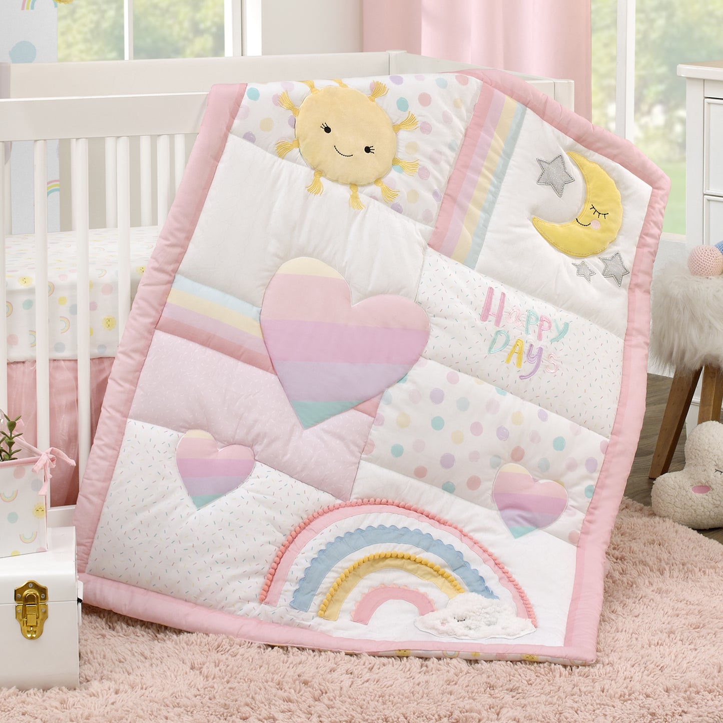 NoJo Happy Days Pink, White, and Yellow Rainbows and Sunshine 4 Piece Nursery Crib Bedding Set - Comforter, 100% Cotton Fitted Crib Sheet, Crib Skirt and Reversible Storage