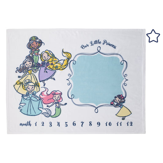 Disney Princess White, Pink, Yellow and Aqua Super Soft Milestone Baby Blanket