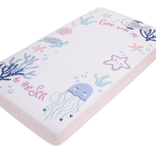 Mermaid Lagoon Pink, Blue, and White "Come with me to the Sea" 100% Cotton Photo Op Fitted Crib Sheet