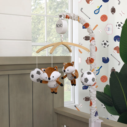 NoJo Team All Star Brown, White, Black and Grey, Fox with Soccer Balls Plush Musical Mobile