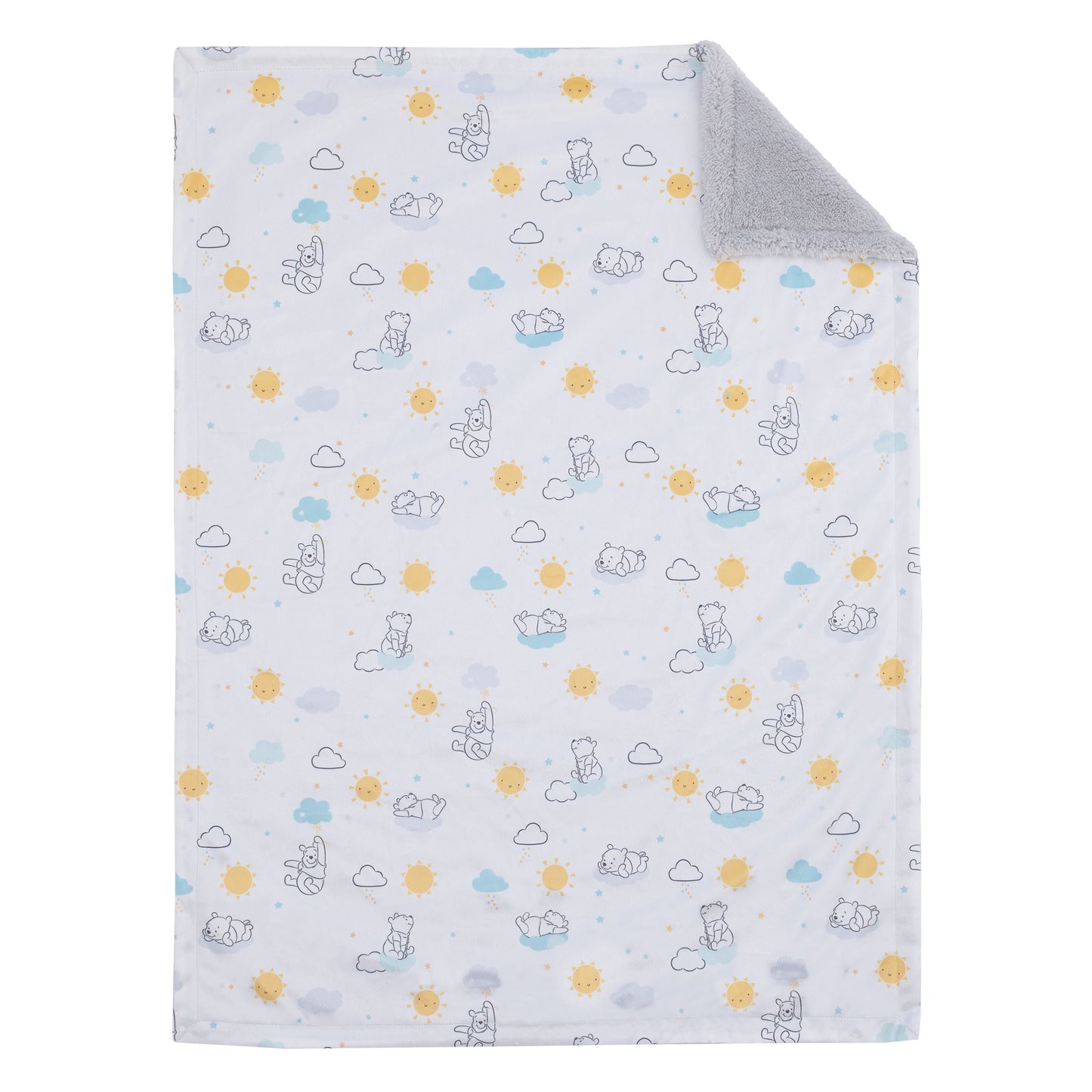 Disney Winnie the Pooh White, Yellow, and Aqua Sunshine and Clouds Super Soft Velboa with Sherpa Back Baby Blanket