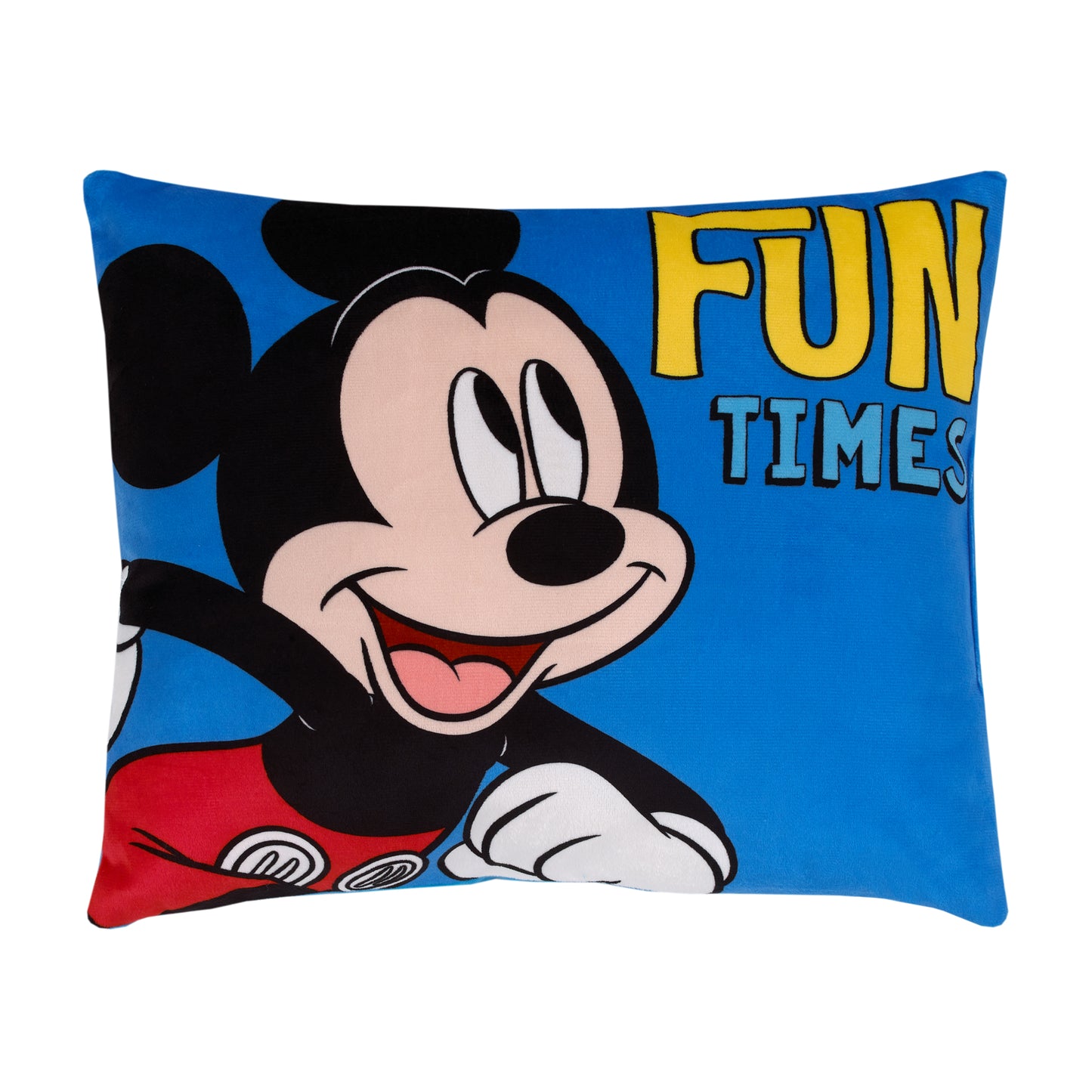 Disney Mickey Mouse Funhouse Crew Blue, Red, Black, and Yellow "Fun Times" Super Soft Toddler Pillow