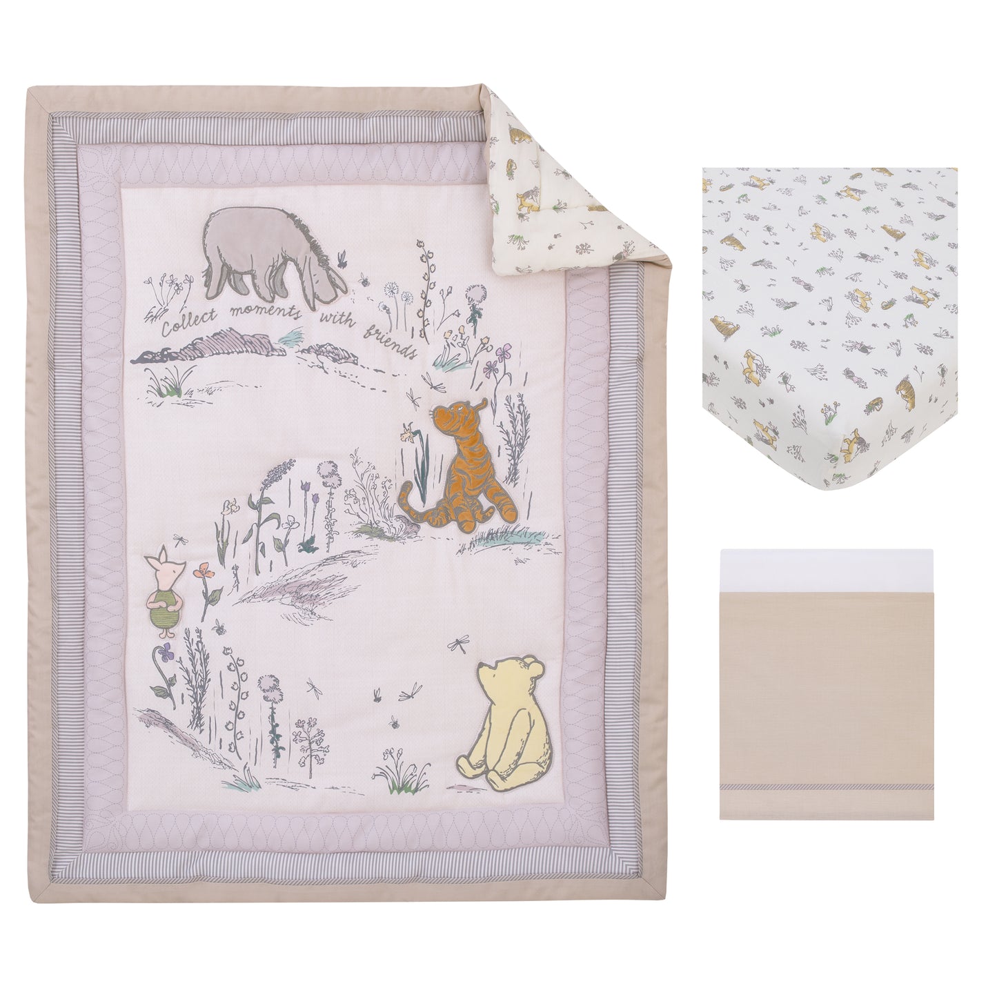 Disney Classic Pooh Naturally Friends Ivory and Taupe Piglet, Eeyore, and Tigger 3 Piece Nursery Crib Bedding Set - Comforter, 100% Cotton Fitted Crib Sheet, and Crib Skirt