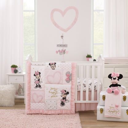 Disney Minnie Mouse My Happy Place Pink, Black, Gray, and White 100% Cotton Nursery Fitted Crib Sheet