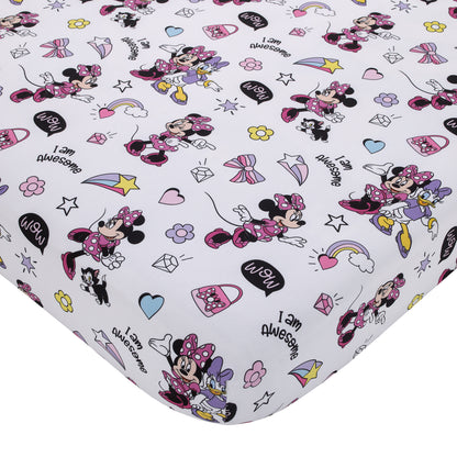 Disney Minnie Mouse I am Awesome Lavender, Pink, and White with BFF Daisy Duck, and Figaro the Cat 4 Piece Toddler Bed Set - Comforter, Fitted Bottom Sheet, Flat Top Sheet, and Reversible Pillowcase
