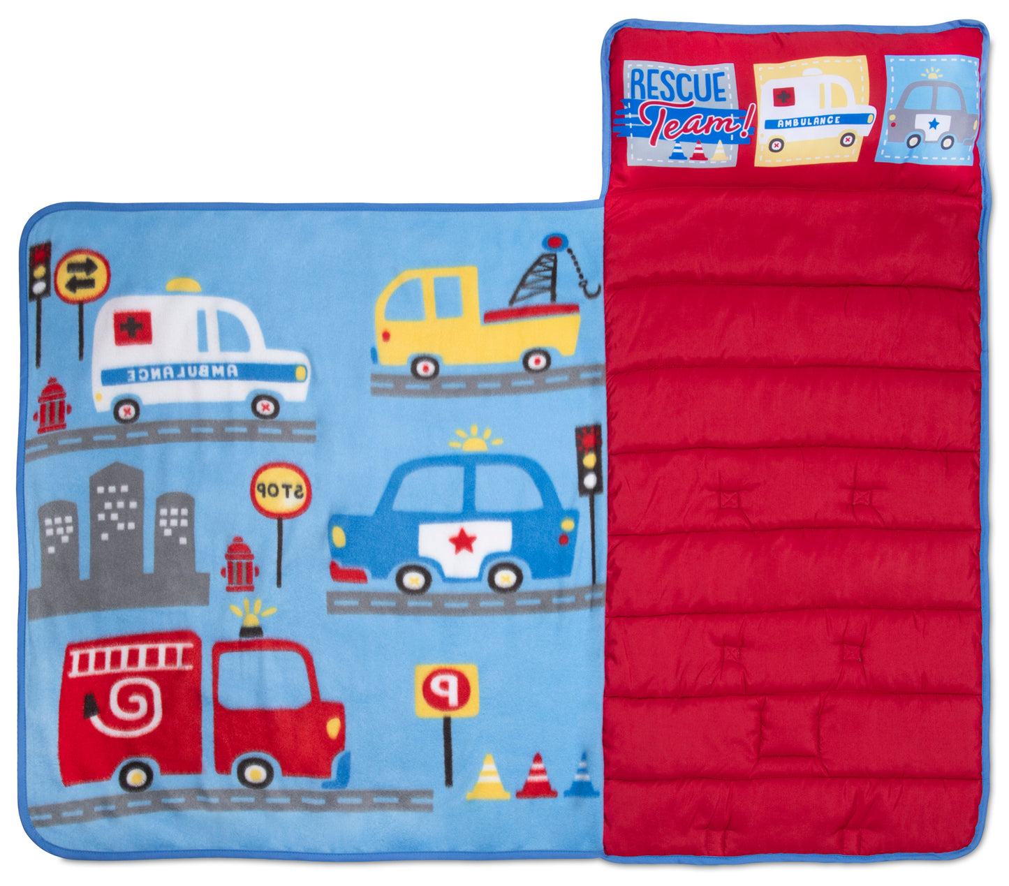 NoJo Rescue Team First Responders Toddler Nap Mat - Includes Attached Pillow and Fleece Blanket