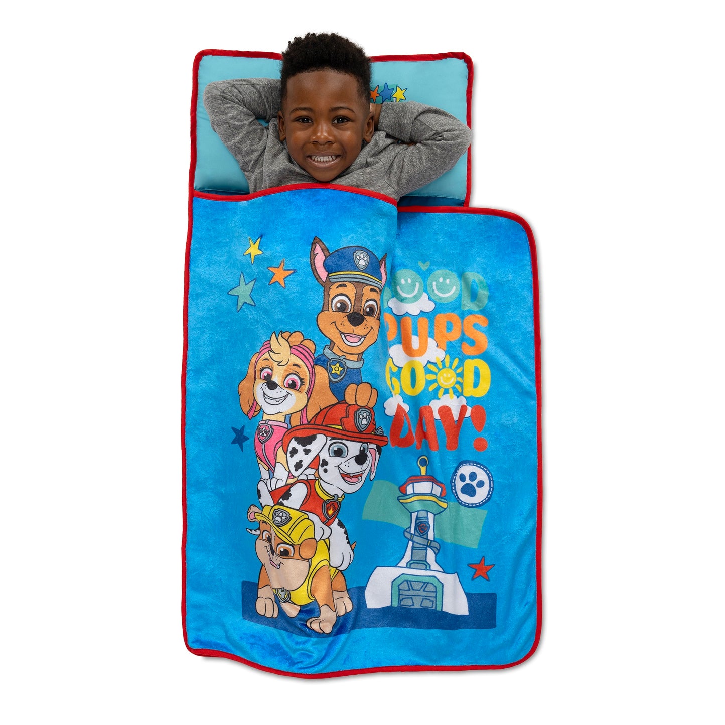 NoJo Paw Patrol "Good Pups Good Day" Toddler Nap Mat - Includes Attached Pillow and Fleece Blanket, Aqua, and Blue