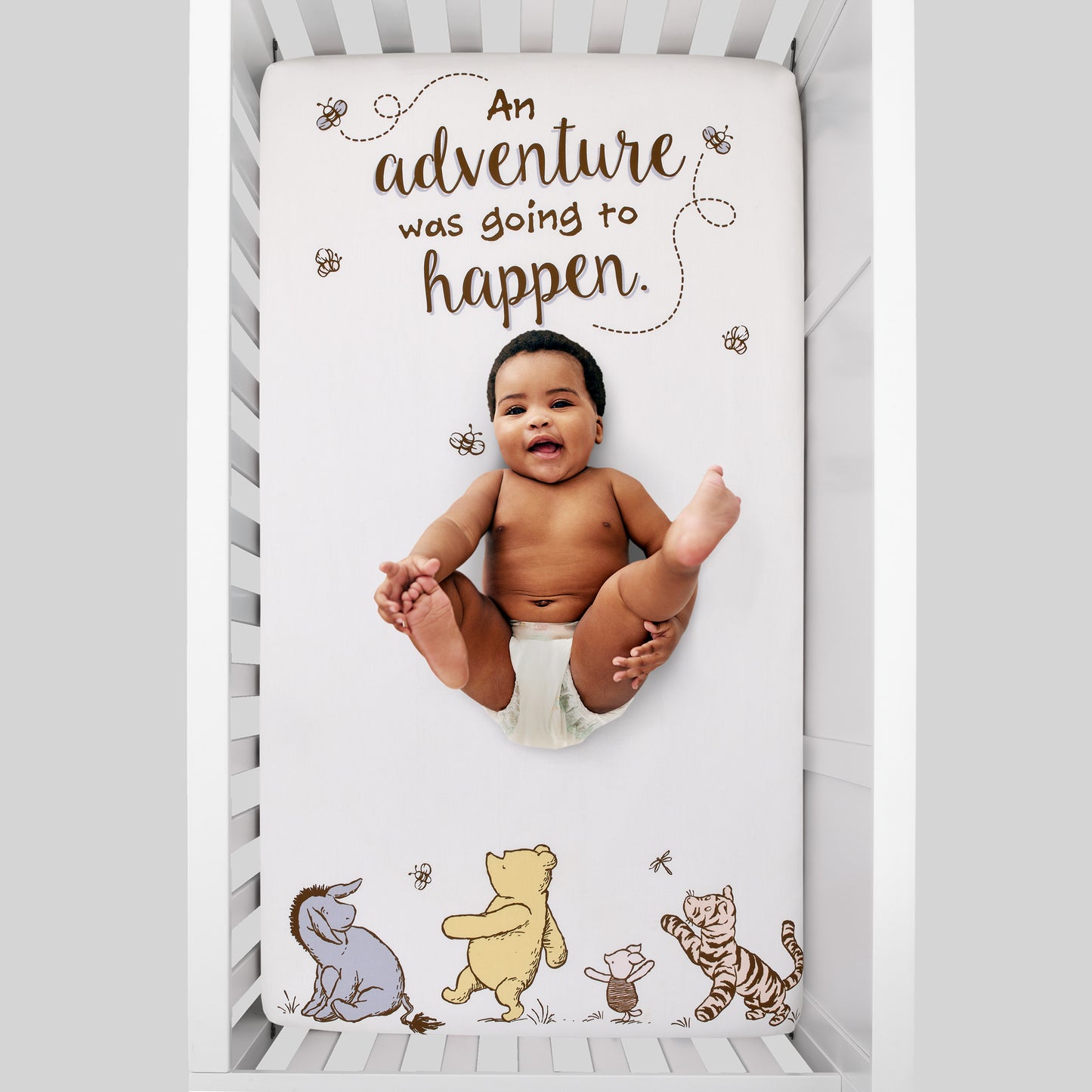 Disney Classic Pooh Hunny Fun with Piglet, Eeyore and Tigger White 100% Cotton Photo Op Nursery Fitted Crib Sheet