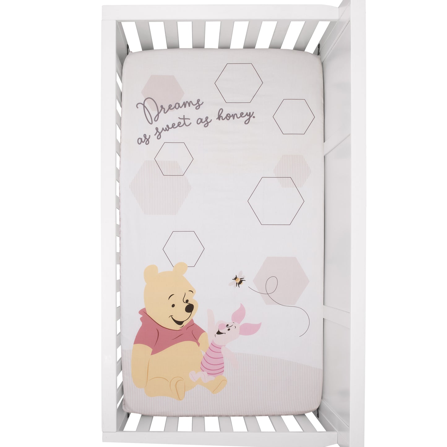 Disney Winnie the Pooh Hugs and Honeycombs Grey and White "Dreams as Sweet as Honey" with Hexagons and Piglet 100% Cotton Photo Op Fitted Crib Sheet