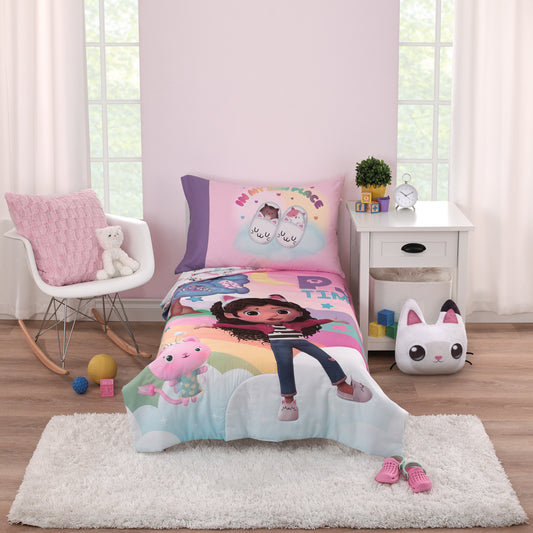 DreamWorks Gabby's Dollhouse Dream It Up Multi-Colored Rainbow PJ Time 4 Piece Toddler Bed Set - Comforter, Fitted Bottom Sheet, Flat Top Sheet and Reversible Pillowcase
