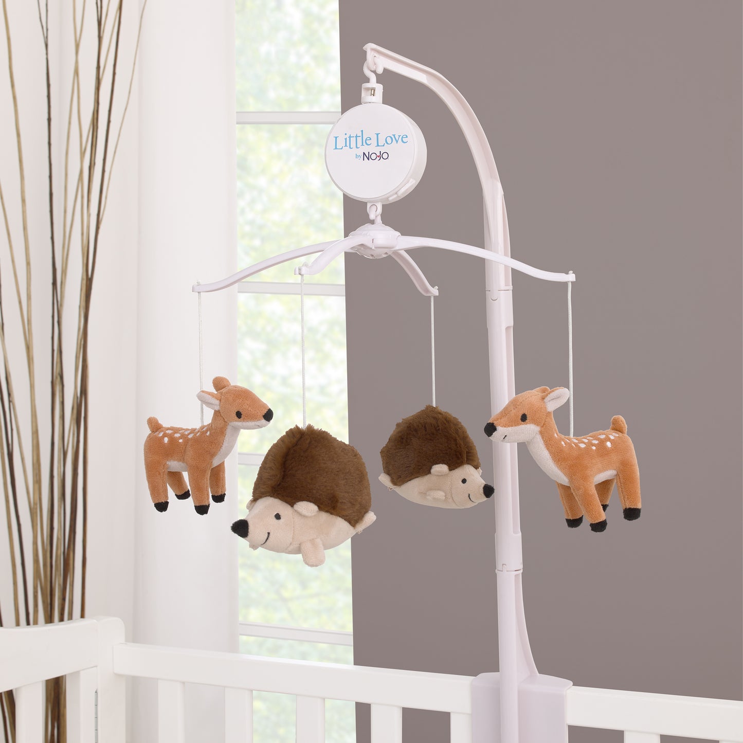 Little Love by NoJo Woodland Meadow Taupe, Tan, and Brown Plush Deer and Hedgehog Musical Mobile